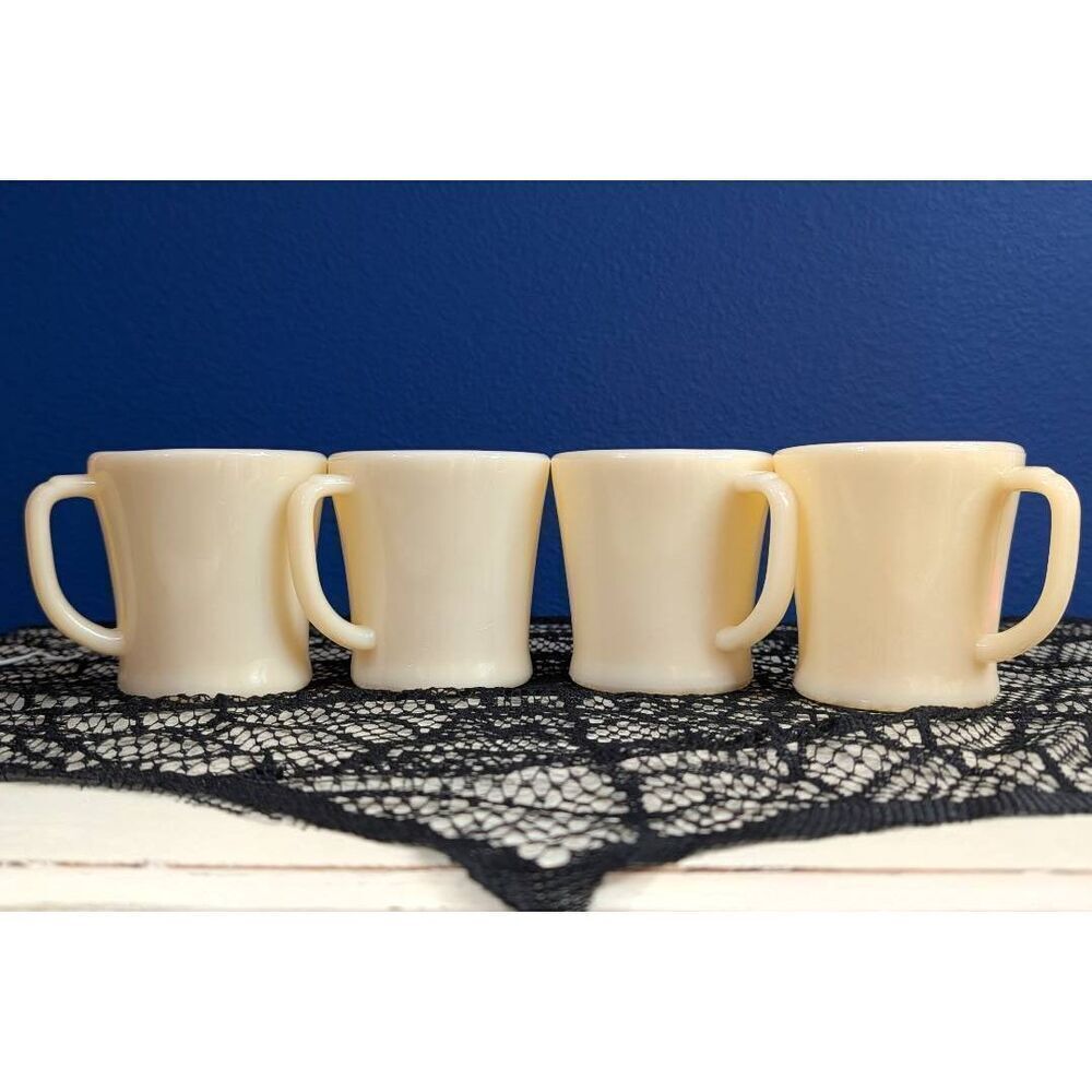 Fire King D Handle Coffee Cups Ivory Buttermilk Milk Glass Set of 4 Flat Bottom
